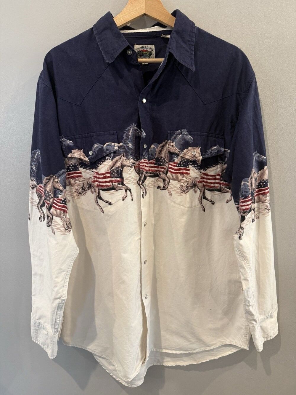 VTG Cumberland Outfitters Shirt Large Blue Pearl Snap Western Cowboy Horse USA